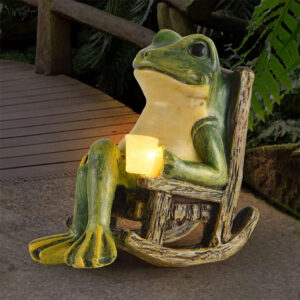 Solar Light Frog Rocking Chair Statue Resin Ornament Outdoor Garden Figurine Chargeable 