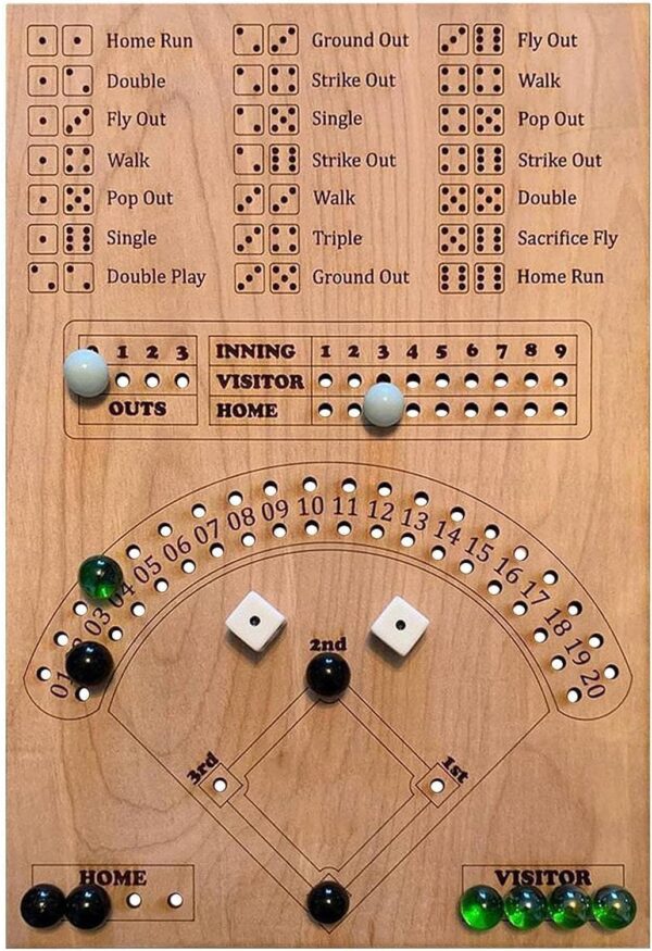 Baseball Dice Board Game Wood, Wooden Baseball Board Game with Dice Marbles - Image 3