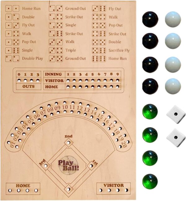 Baseball Dice Board Game Wood, Wooden Baseball Board Game with Dice Marbles